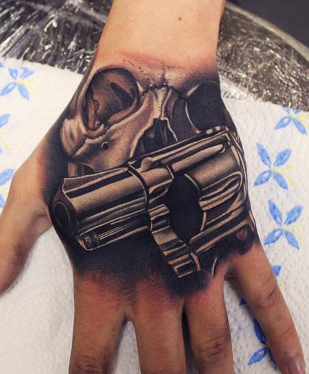 Tattoos - Skull and Gun Hand tattoo - 93314